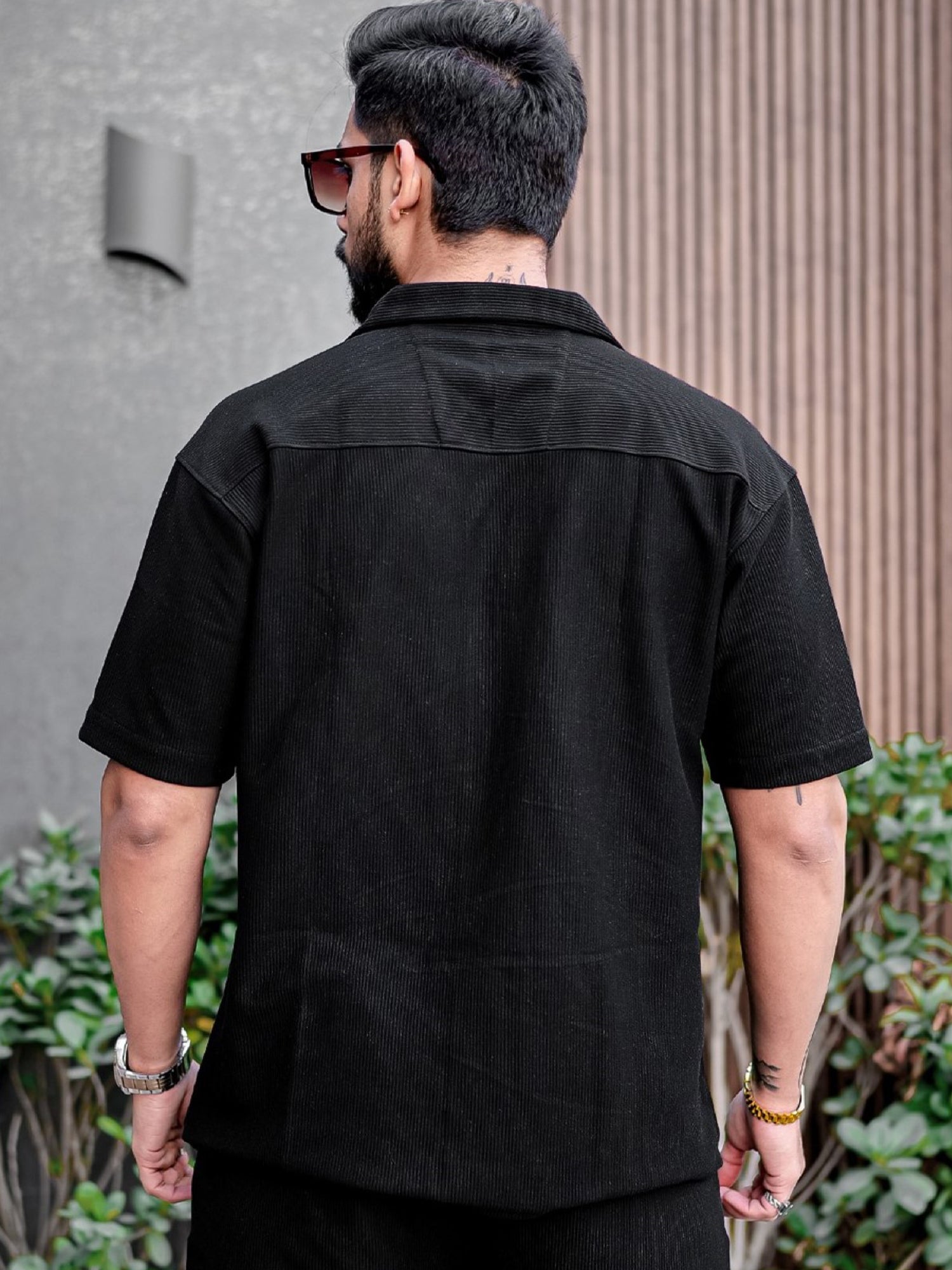 Cord Knit Textured Black Shirt