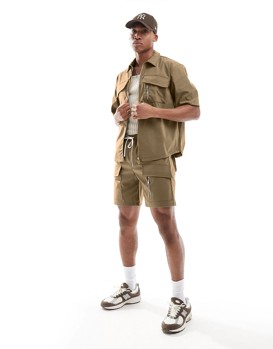 Nylon Utility Co-ord Set in Khaki