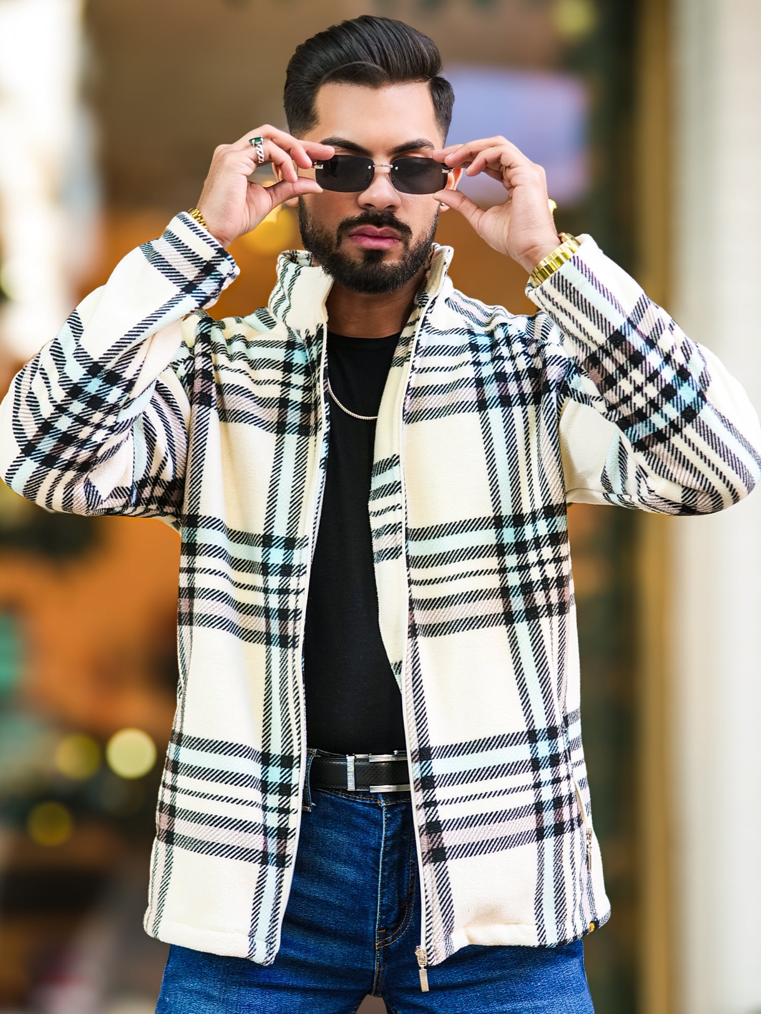 Checkered Blue Zipper Shacket