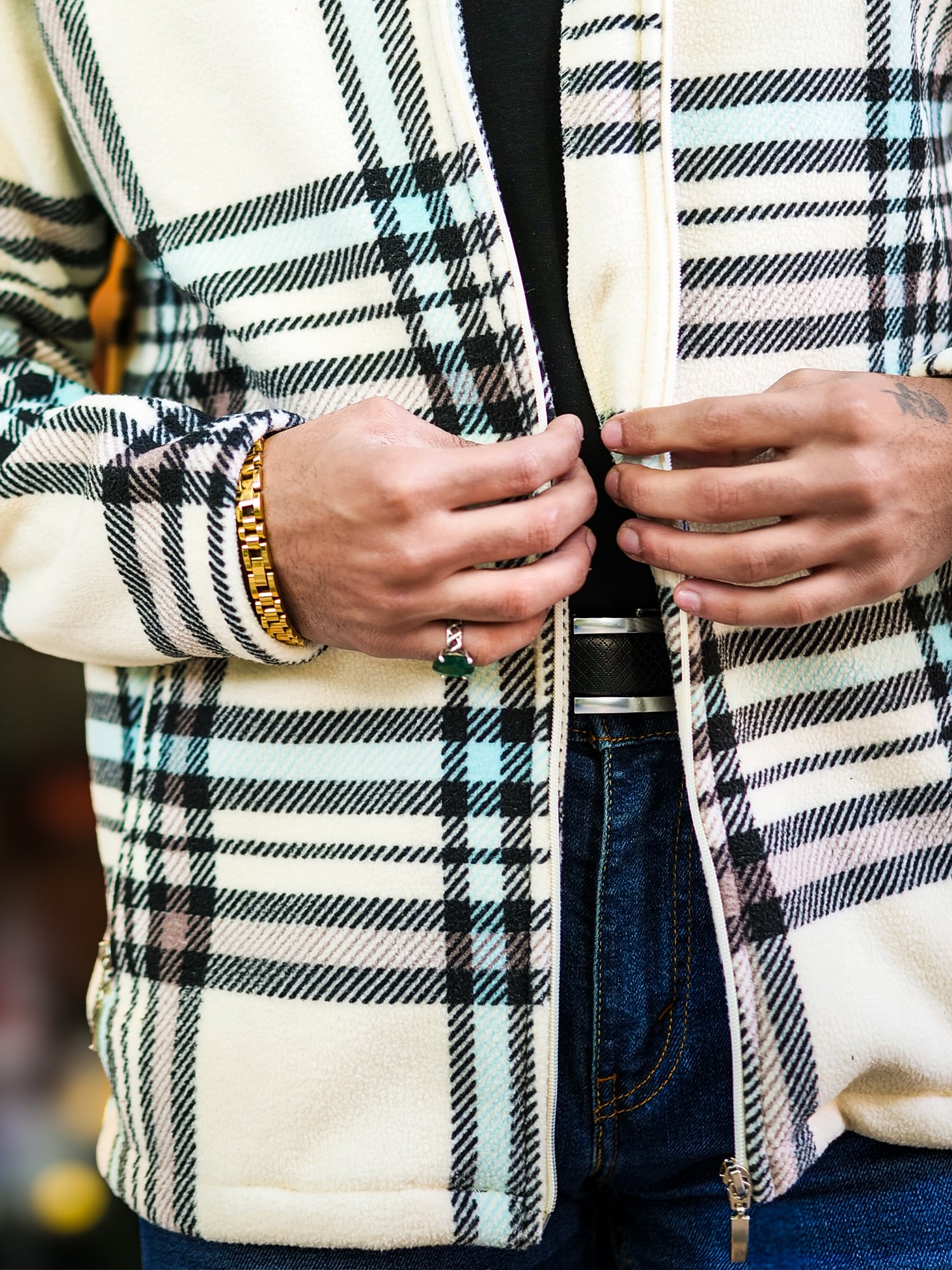 Checkered Blue Zipper Shacket