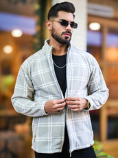 Checkered Grey Zipper Full Sleeve Shacket