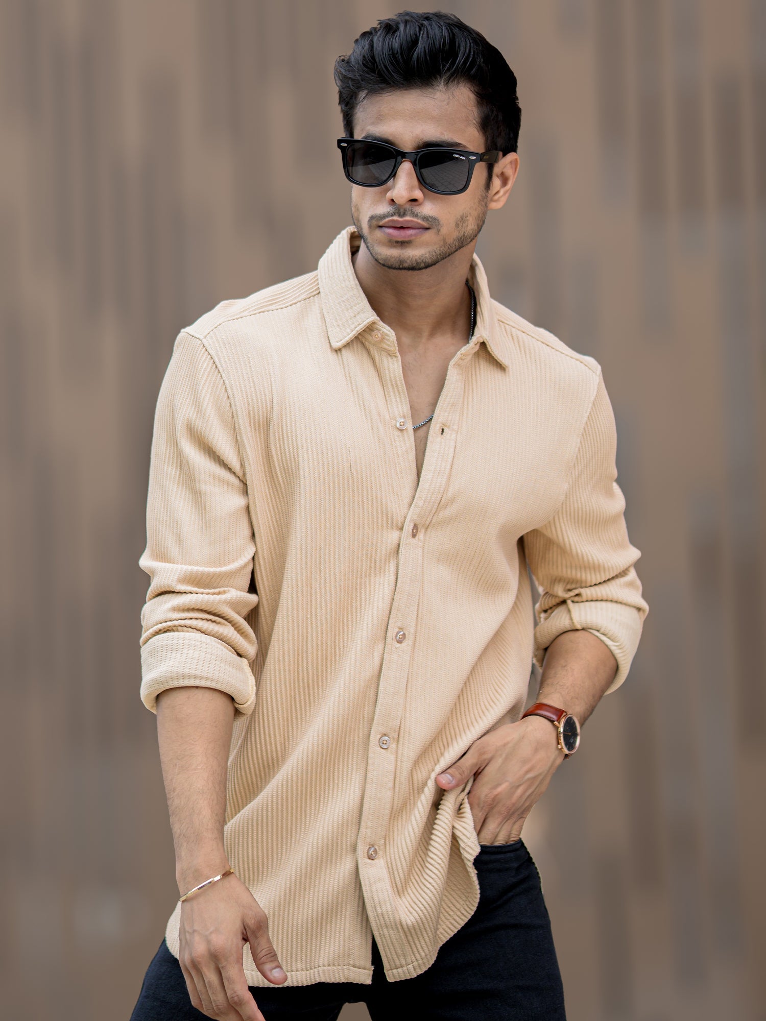 Cord Vertical Textured Beige Shirt