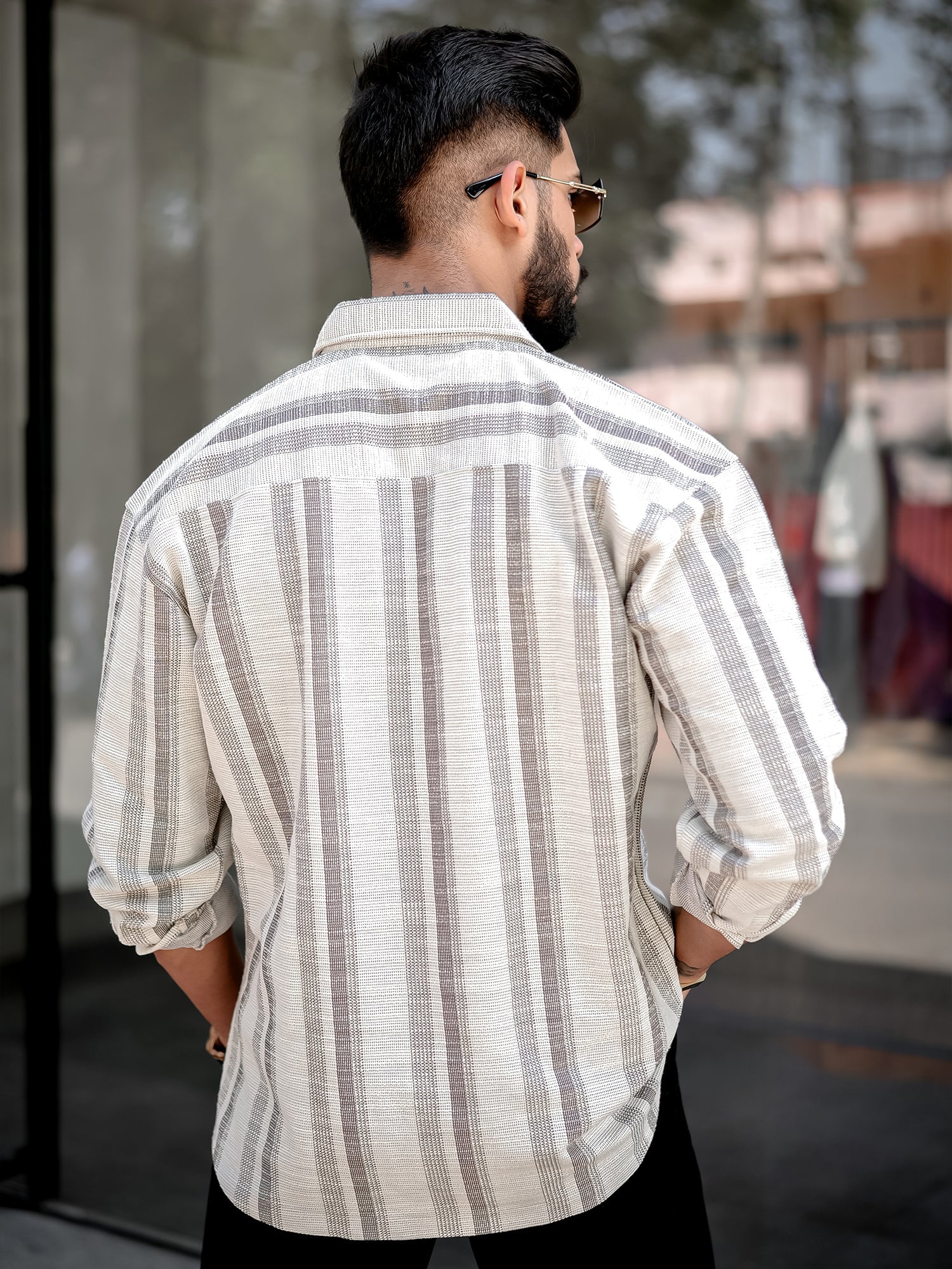 Tweed Vertical Stripe Half White Brown Double Pocket Shirt