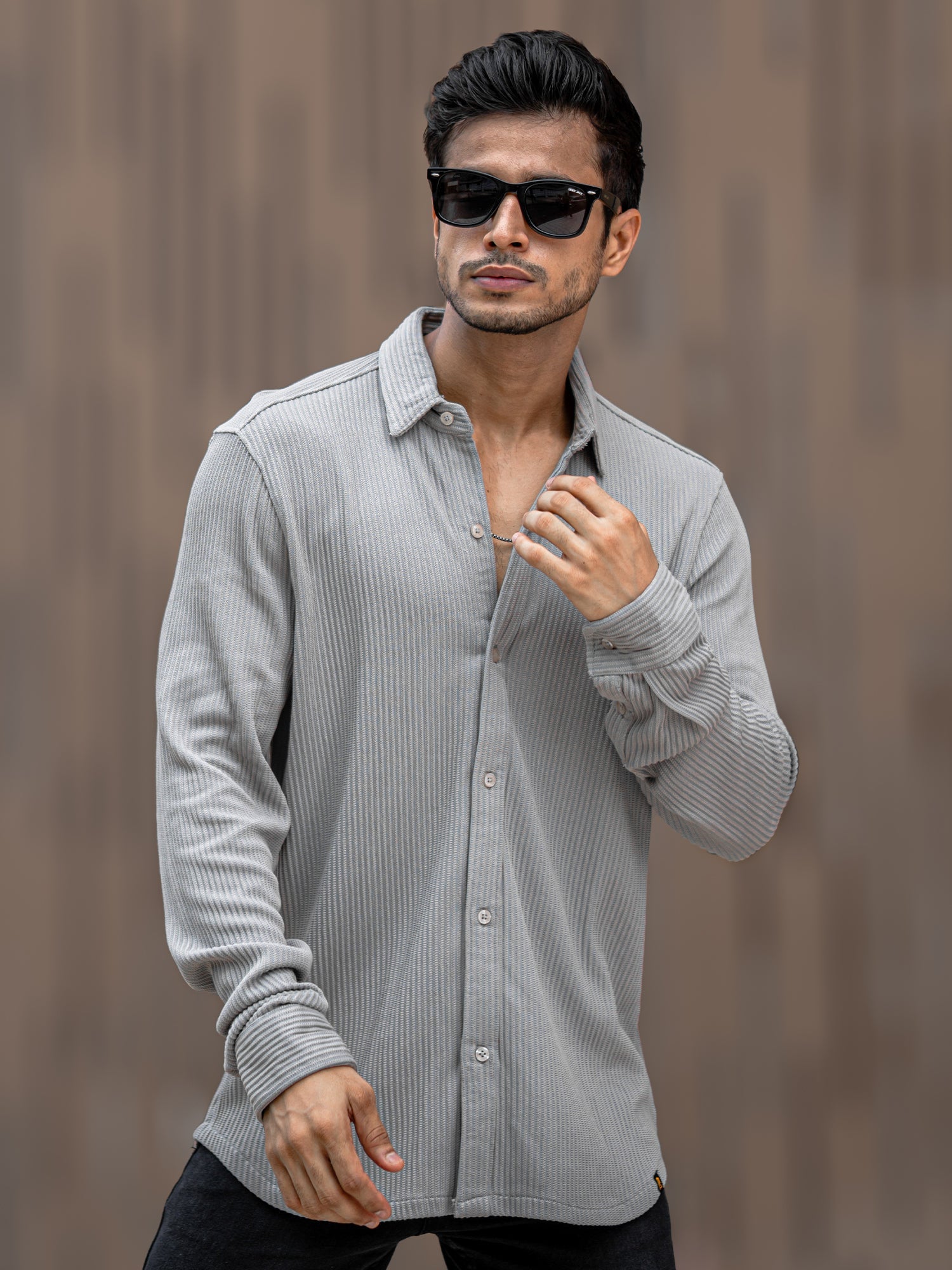 Cord Vertical Textured Light Grey Shirt