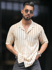 Waffle Flatknit Cotton Beige Half Sleeve Shirt