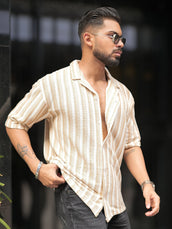 Desert Stripe Beige Half Sleeve Shirt
