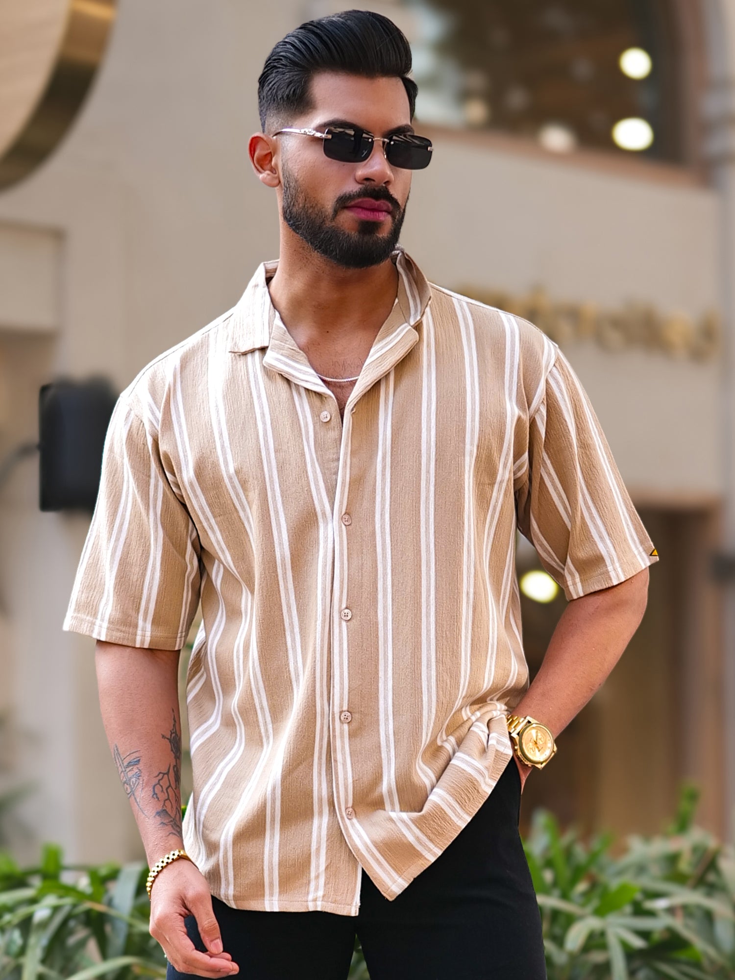 Terry Vertical Stripes Beige Half Sleeve Shirt