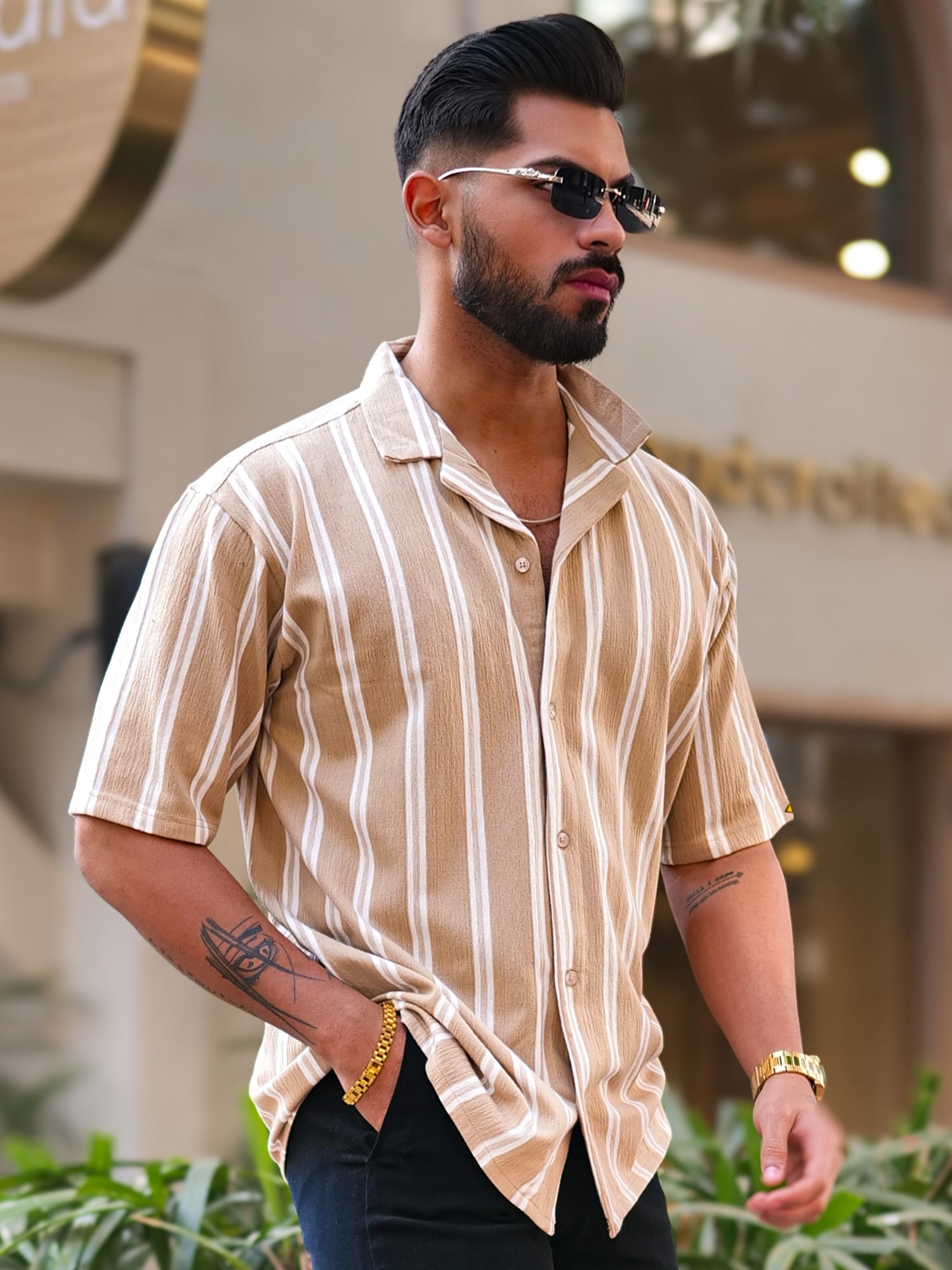 Terry Vertical Stripes Beige Half Sleeve Shirt