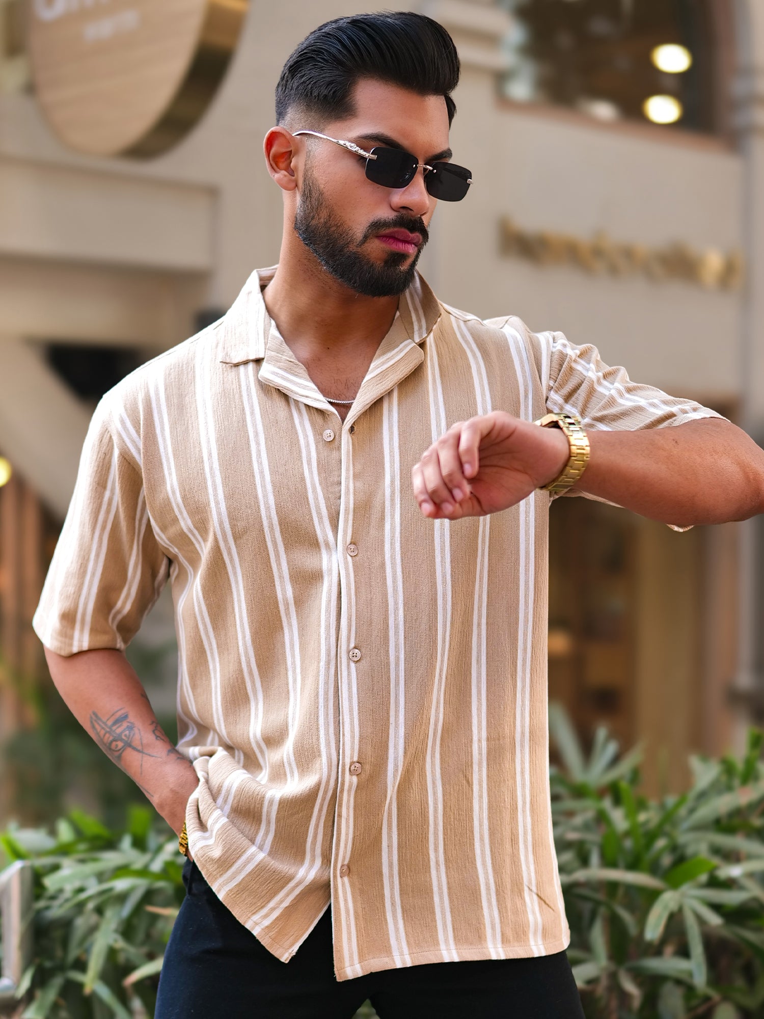 Terry Vertical Stripes Beige Half Sleeve Shirt