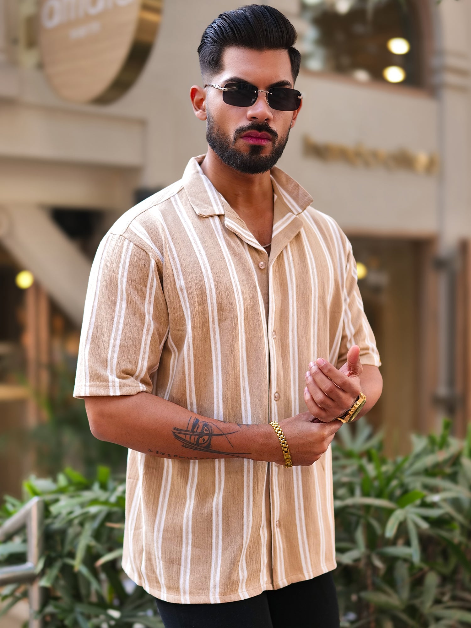 Terry Vertical Stripes Beige Half Sleeve Shirt