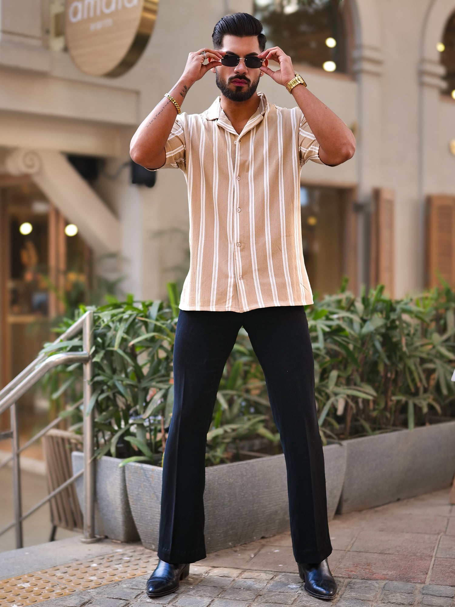 Terry Vertical Stripes Beige Half Sleeve Shirt