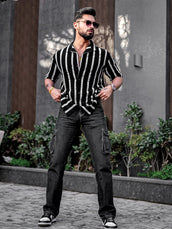 Popcorn Knit Vertical Stripe Black Half Sleeve Shirt