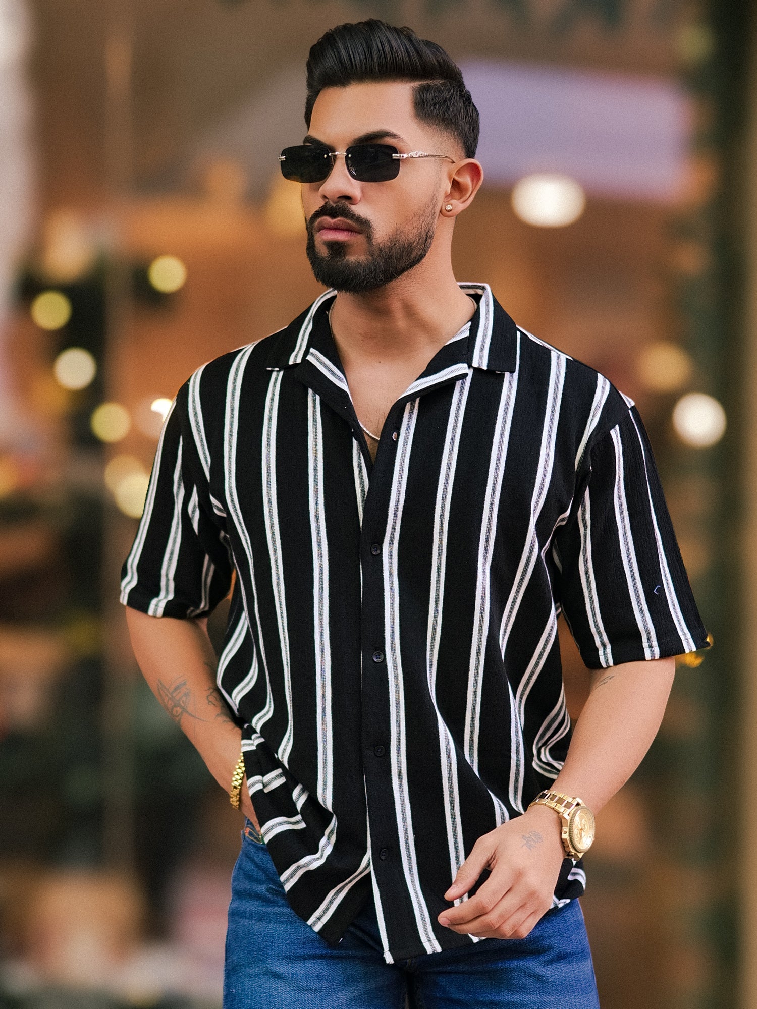 Terry Vertical Stripes Black Half Sleeve Shirt