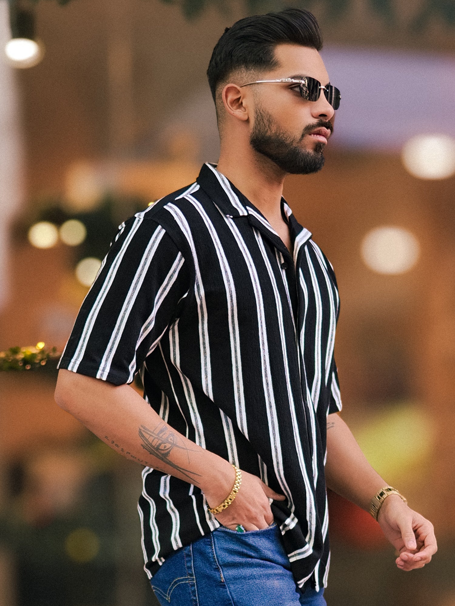 Terry Vertical Stripes Black Half Sleeve Shirt