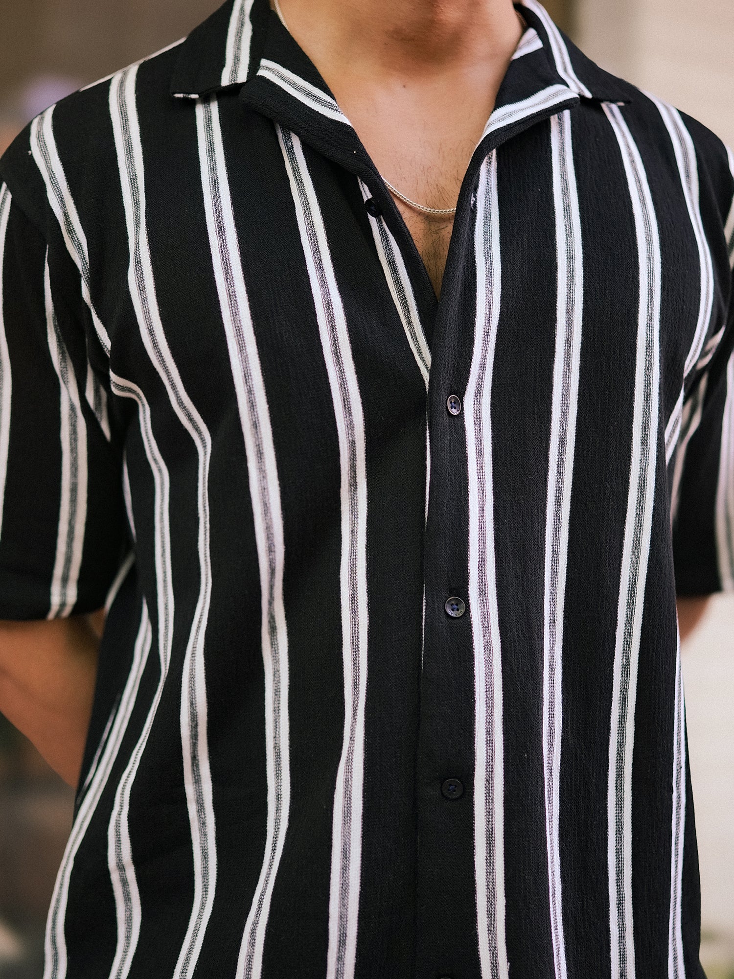 Terry Vertical Stripes Black Half Sleeve Shirt