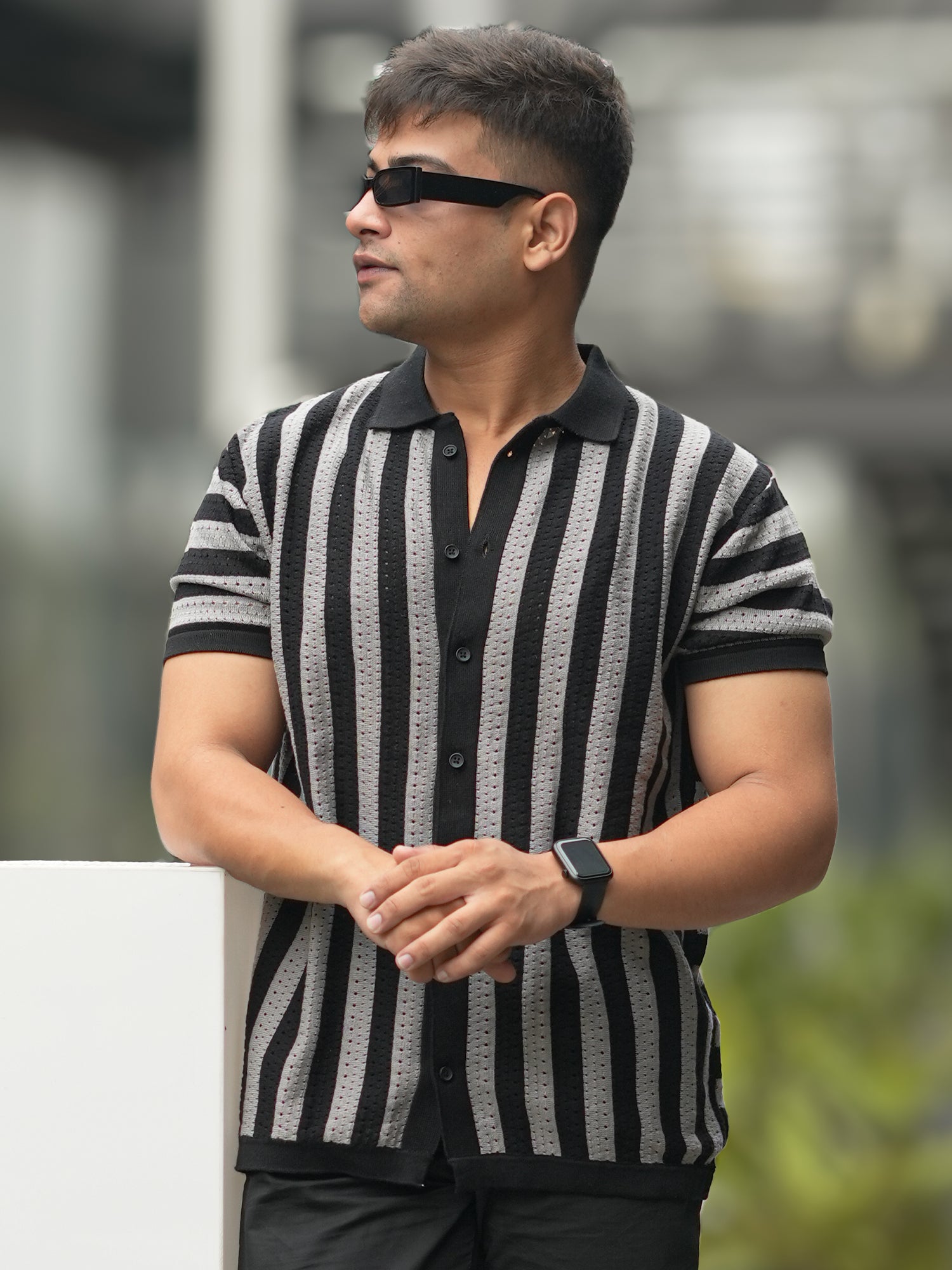 Vertical Stripe FlatKnit Black Shirt