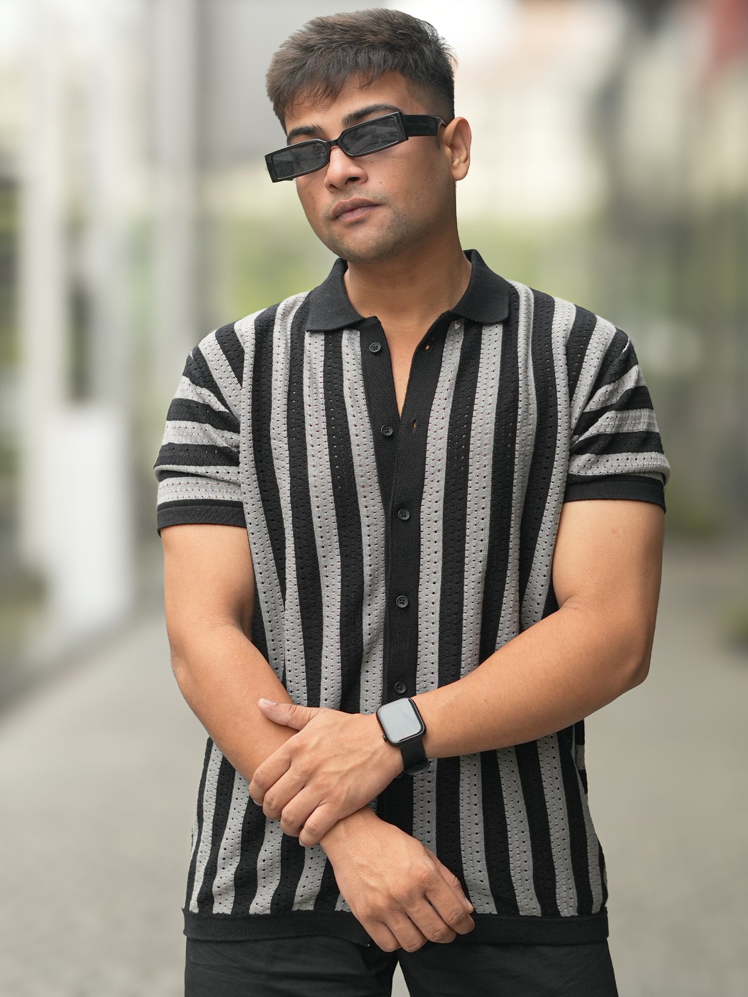 Vertical Stripe FlatKnit Black Shirt