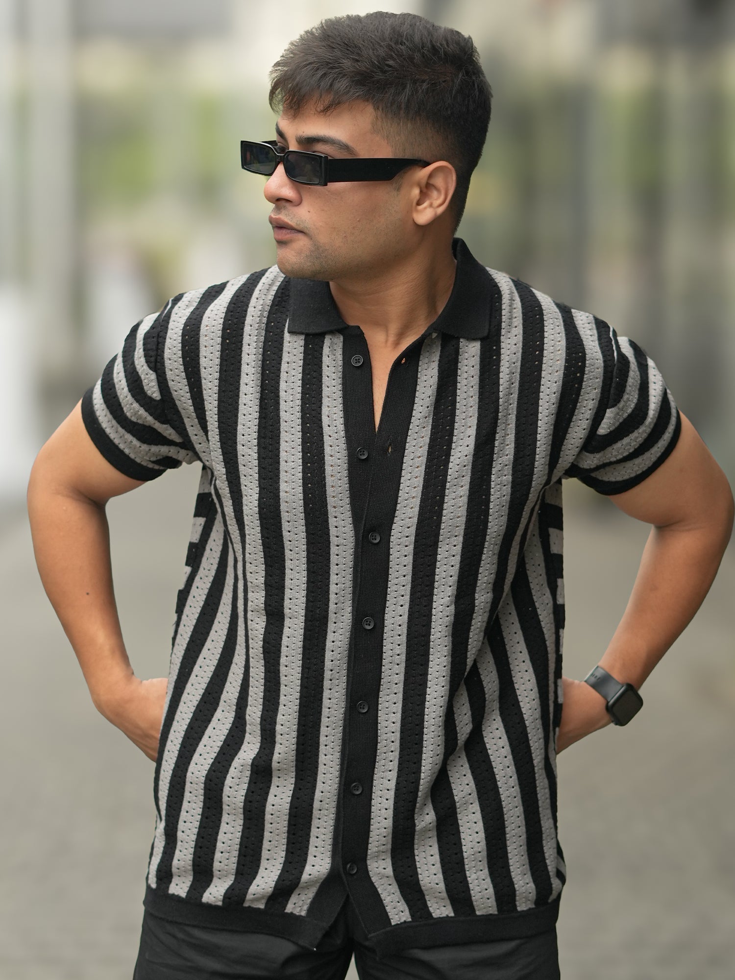 Vertical Stripe FlatKnit Black Shirt