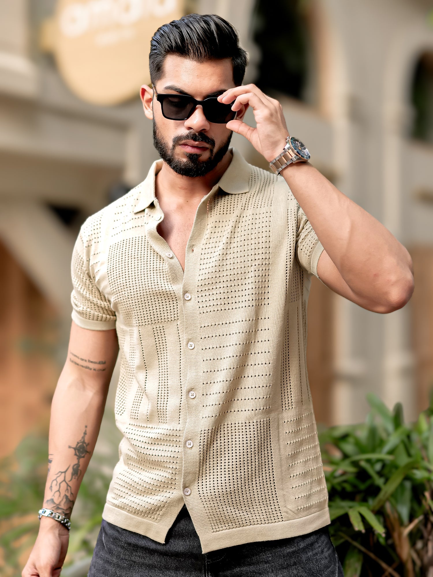 Wrap FlatKnit Cotton Beige Shirt