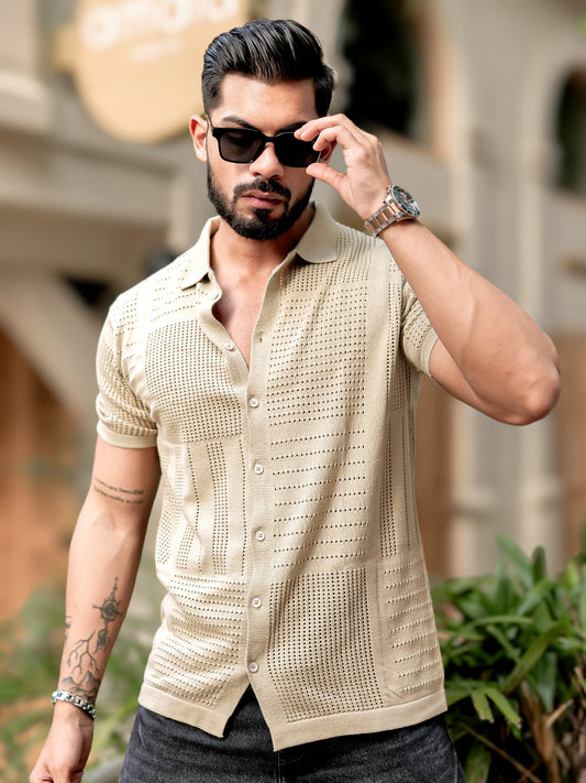 Wrap FlatKnit Cotton Beige Half Sleeve Shirt