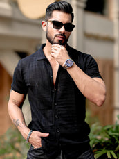 Wrap FlatKnit Cotton Black Half Sleeve Shirt