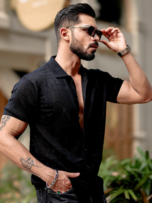 Wrap FlatKnit Cotton Black Half Sleeve Shirt