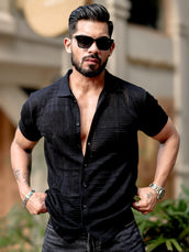 Wrap FlatKnit Cotton Black Half Sleeve Shirt