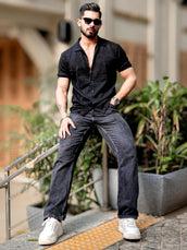 Wrap FlatKnit Cotton Black Half Sleeve Shirt