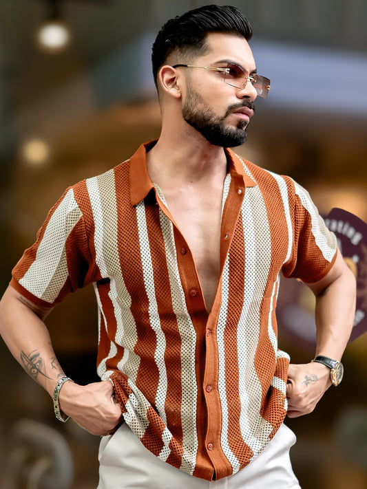 Aero Vertical Stripe Brown Half Sleeve Shirt