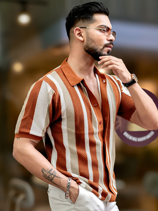 Aero Vertical Stripe Brown Half Sleeve Shirt