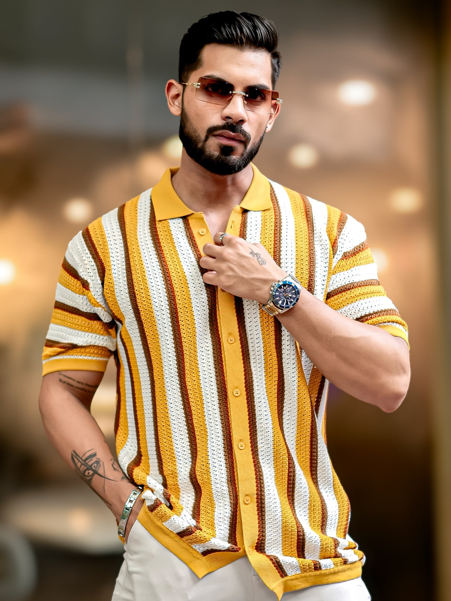 Vertical Stripe FlatKnit Cotton Mustard Shirt