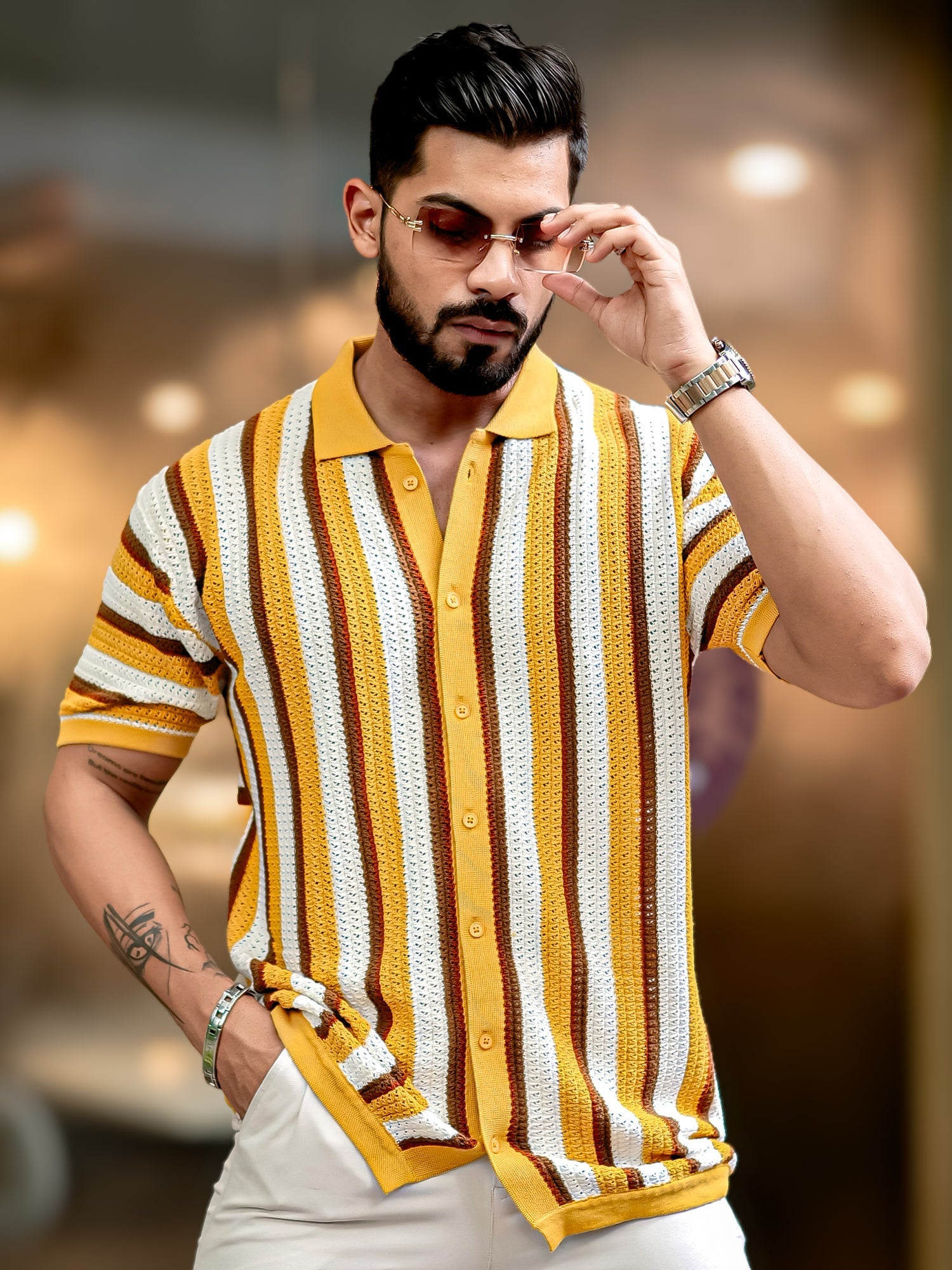 Vertical Stripe FlatKnit Cotton Mustard Shirt