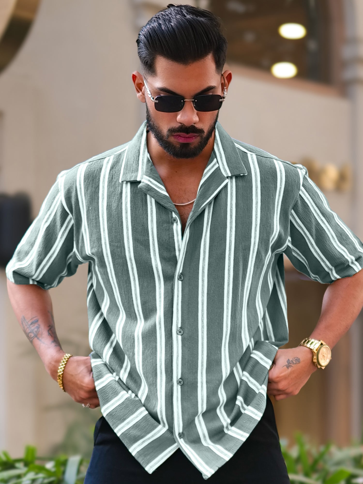 Terry Vertical Stripes Green Half Sleeve Shirt