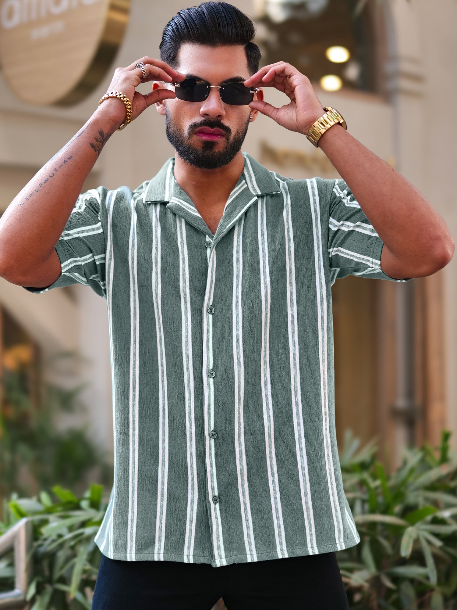 Terry Vertical Stripes Green Half Sleeve Shirt