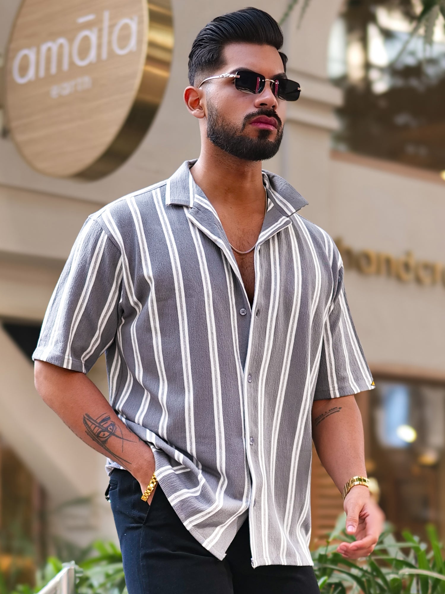 Terry Vertical Stripes Grey Half Sleeve Shirt