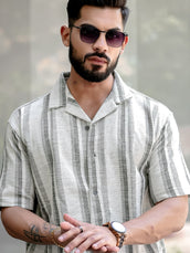 Tweed Vertical Stripe Green Half Sleeve Shirt