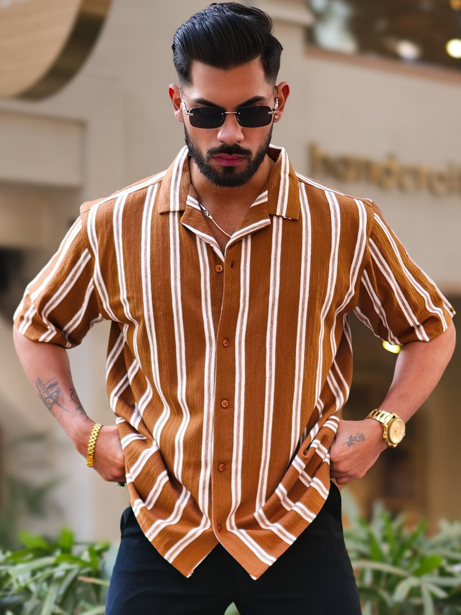 Terry Vertical Stripes Rust Half Sleeve Shirt