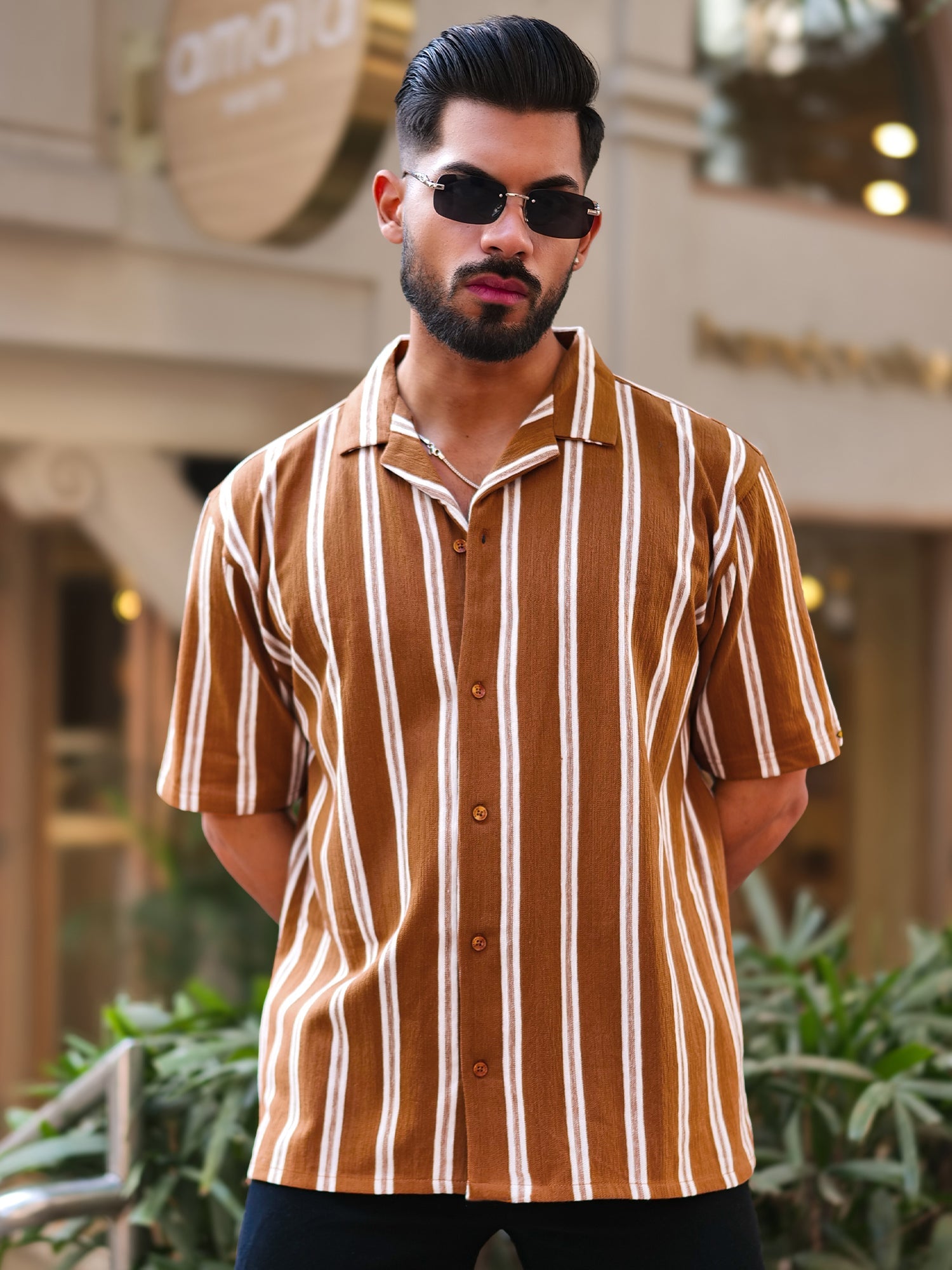 Terry Vertical Stripes Rust Half Sleeve Shirt