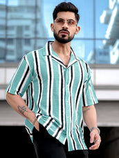 Vertical Jacquard Knit SeaBlue Half Sleeve Shirt