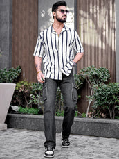 Popcorn Knit Vertical Stripe White Half Sleeve Shirt