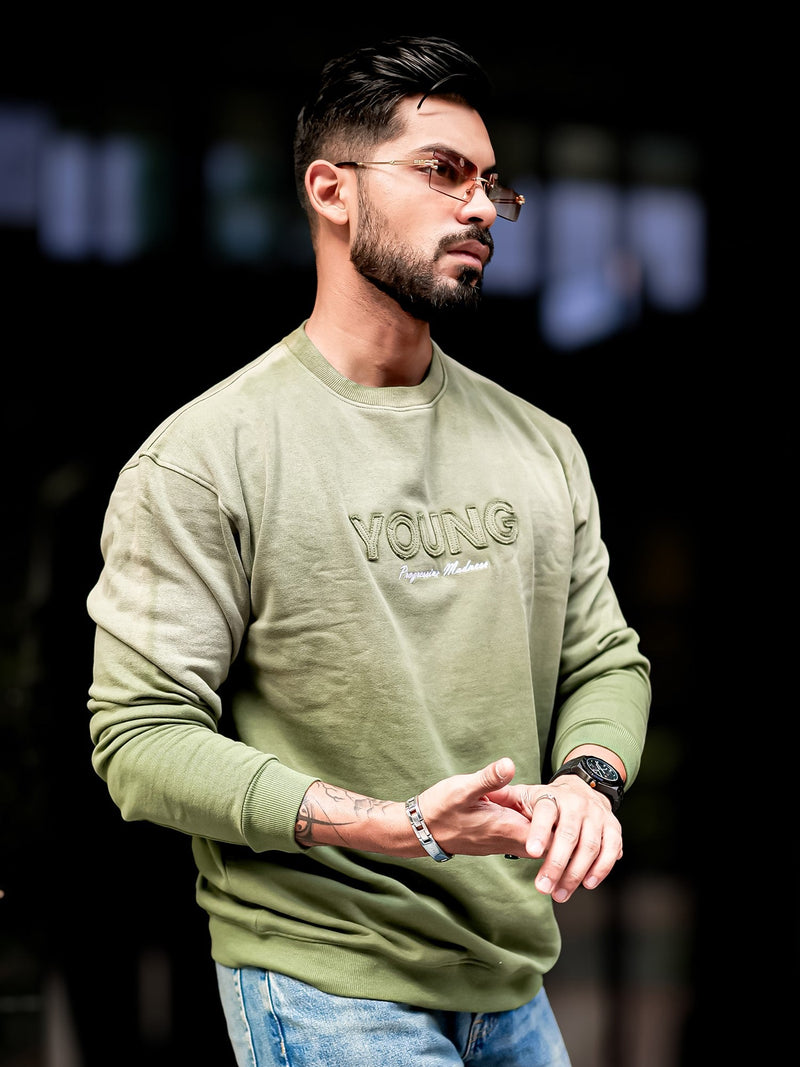 Young Acid Wash Hunter Green Full Sleeve Sweatshirt
