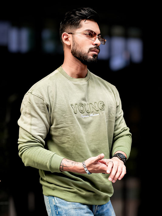 Young Acid Wash Hunter Green Full Sleeve Sweatshirt