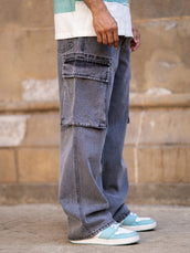 Grey baggy shadow cargo jeans for men - view 6