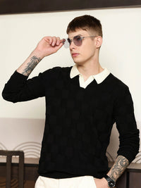Cubic Knit Black Full Sleeve Polo T-Shirt