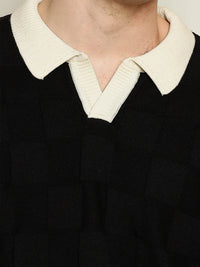 Cubic Knit Black Full Sleeve Polo T-Shirt