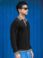 FlatKnit Wave Black Full Sleeve Polo T-Shirt