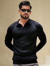 Ripped Knit Black Full Sleeve Polo T-Shirt