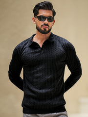 Ripped Knit Black Full Sleeve Polo T-Shirt