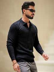 Ripped Knit Black Full Sleeve Polo T-Shirt