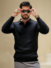 Ripped Knit Black Full Sleeve Polo T-Shirt